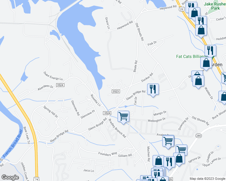 map of restaurants, bars, coffee shops, grocery stores, and more near 83 State Road 3523 in Arden