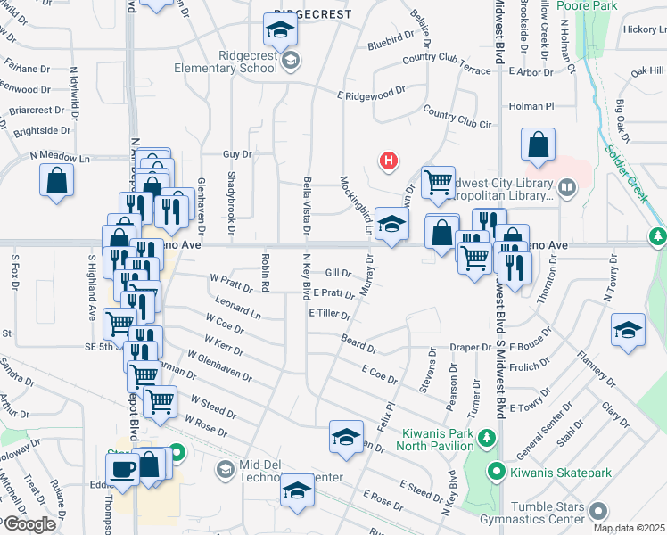 map of restaurants, bars, coffee shops, grocery stores, and more near 121 Gill Drive in Midwest City