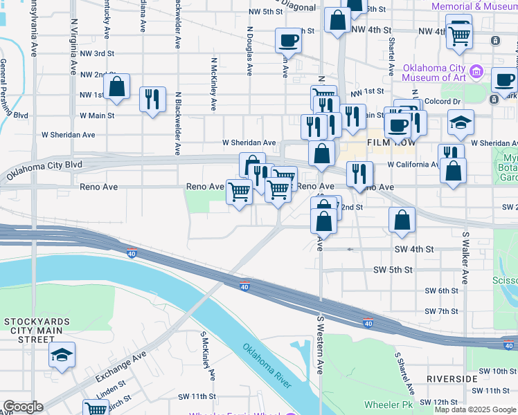 map of restaurants, bars, coffee shops, grocery stores, and more near 1228 Southwest 2nd Street in Oklahoma City