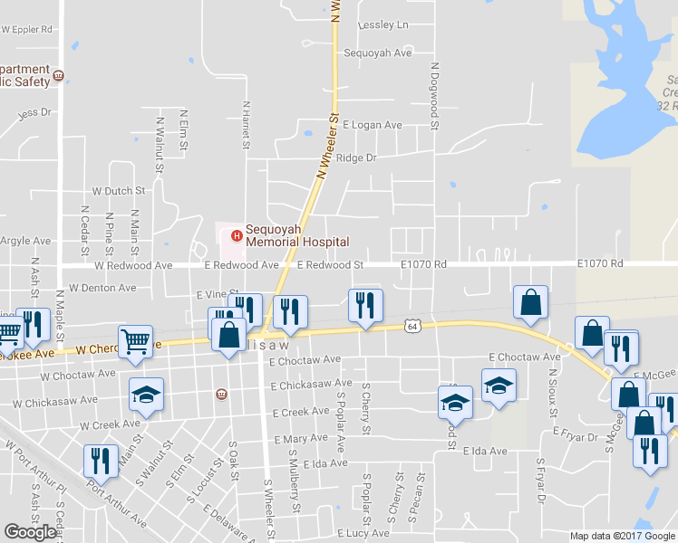 map of restaurants, bars, coffee shops, grocery stores, and more near 514 East Redwood Avenue in Sallisaw