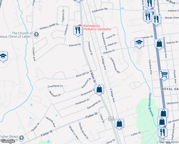 map of restaurants, bars, coffee shops, grocery stores, and more near 105 Briarcliff Drive in Kannapolis