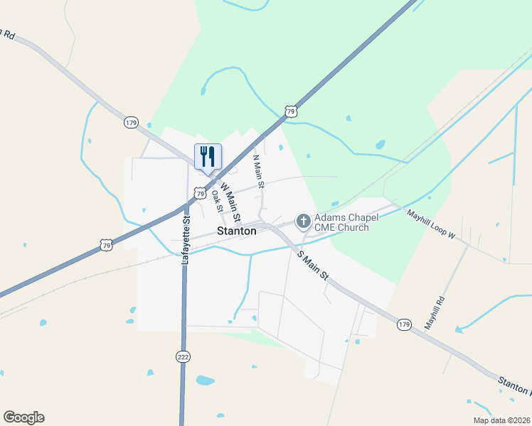 map of restaurants, bars, coffee shops, grocery stores, and more near 6 North Main Street in Stanton