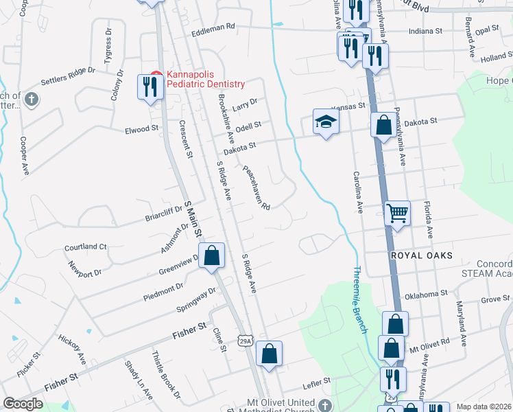 map of restaurants, bars, coffee shops, grocery stores, and more near 629 Peacehaven Road in Kannapolis