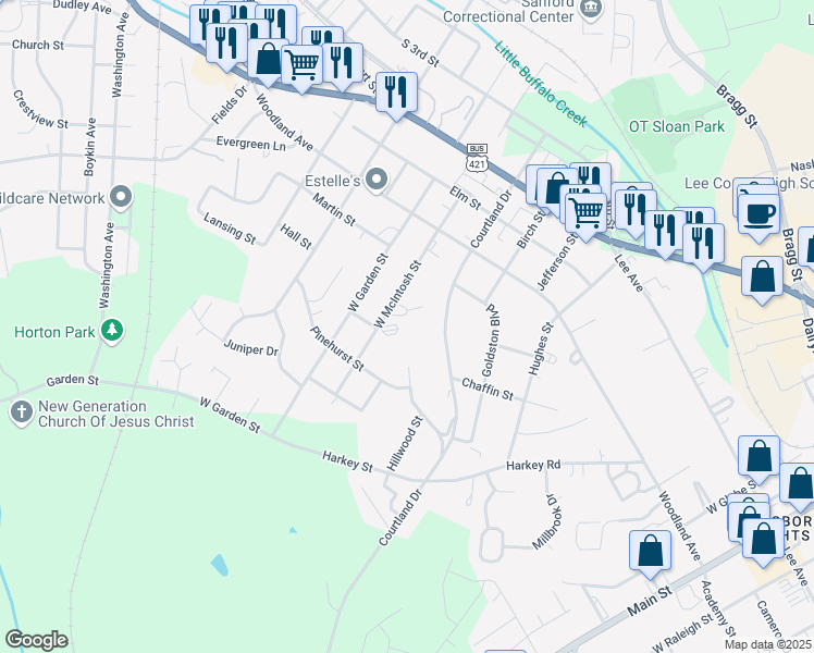 map of restaurants, bars, coffee shops, grocery stores, and more near 607 West McIntosh Street in Sanford