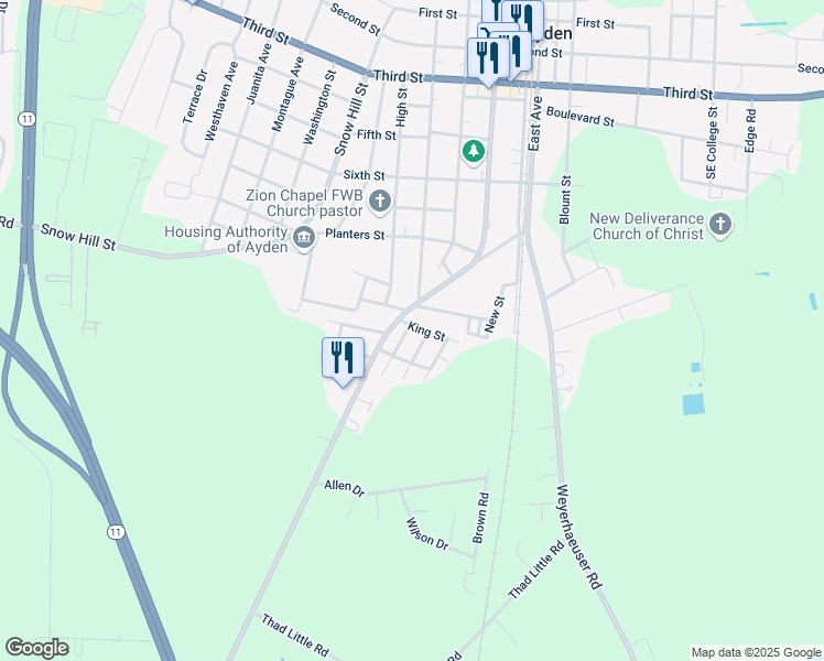 map of restaurants, bars, coffee shops, grocery stores, and more near 4405 Queen Street in Ayden
