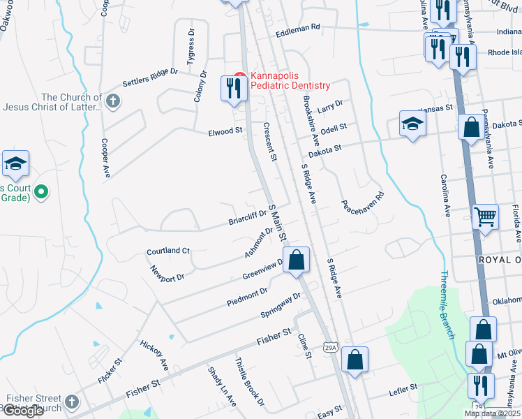 map of restaurants, bars, coffee shops, grocery stores, and more near 102 Briarcliff Drive in Kannapolis