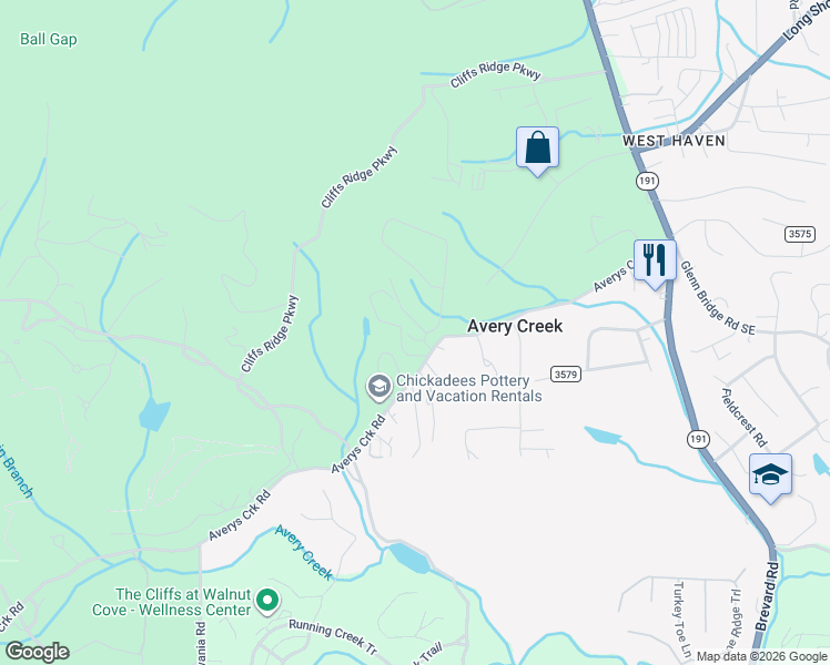 map of restaurants, bars, coffee shops, grocery stores, and more near 131 Avery Creek Road in Arden