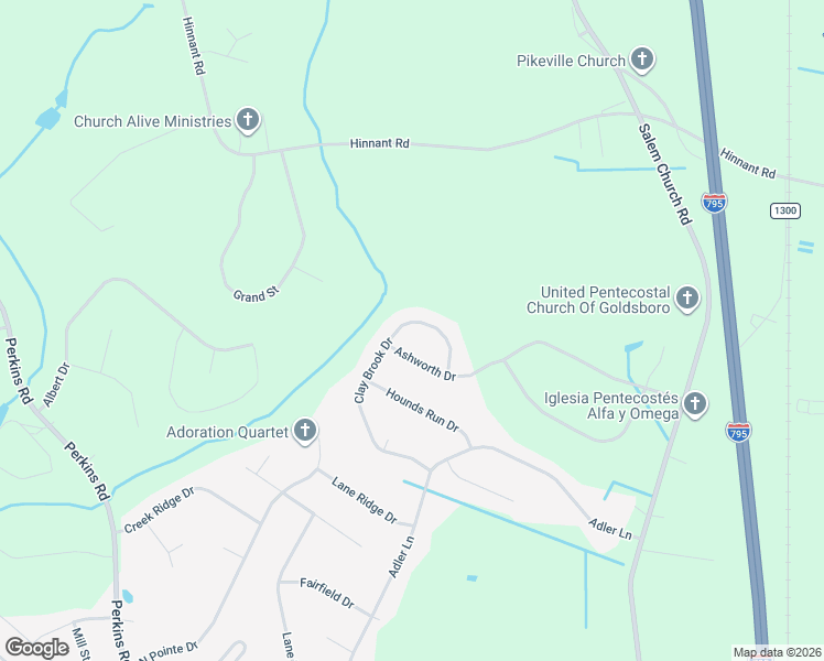 map of restaurants, bars, coffee shops, grocery stores, and more near 303 Clay Brook Drive in Goldsboro