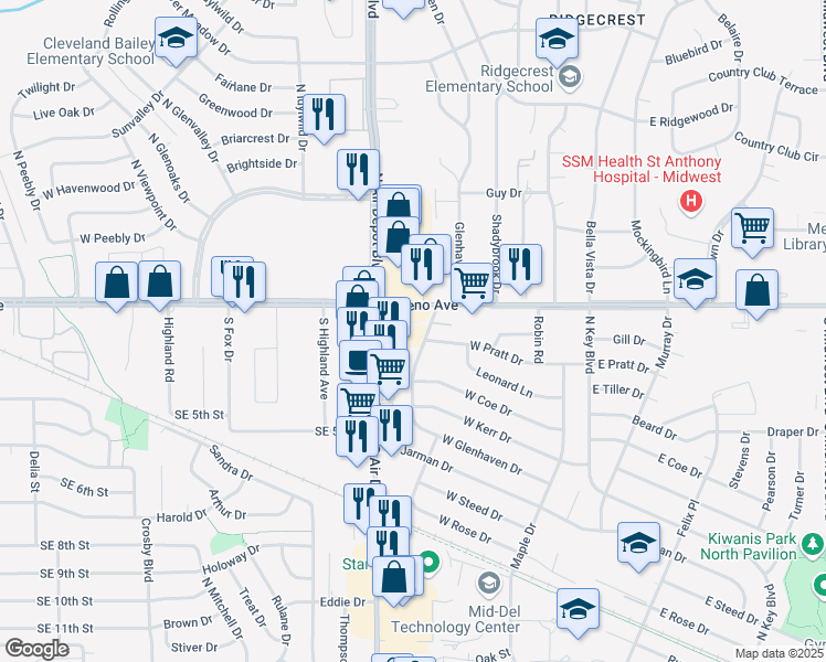 map of restaurants, bars, coffee shops, grocery stores, and more near 7020 East Reno Avenue in Midwest City