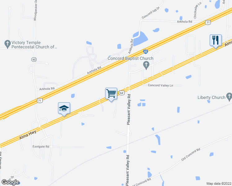 map of restaurants, bars, coffee shops, grocery stores, and more near 5911 Alma Highway in Van Buren