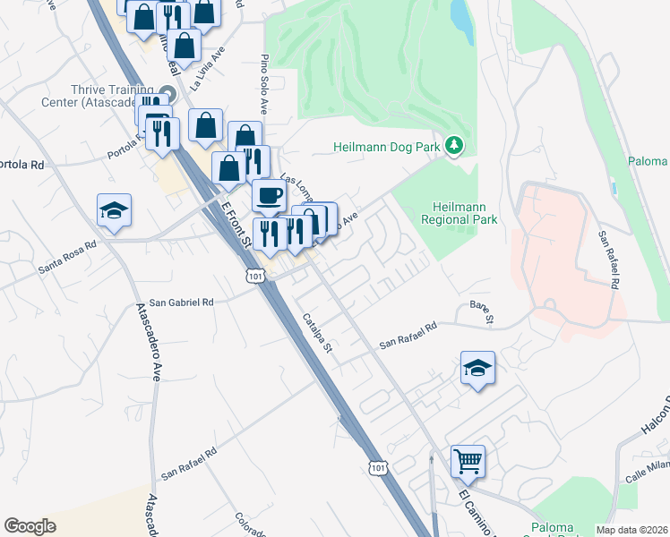map of restaurants, bars, coffee shops, grocery stores, and more near 10025 El Camino Real in Atascadero