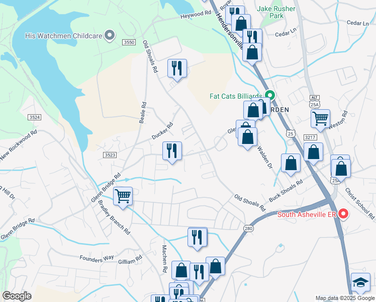 map of restaurants, bars, coffee shops, grocery stores, and more near 112 Glenn Bridge Road in Arden