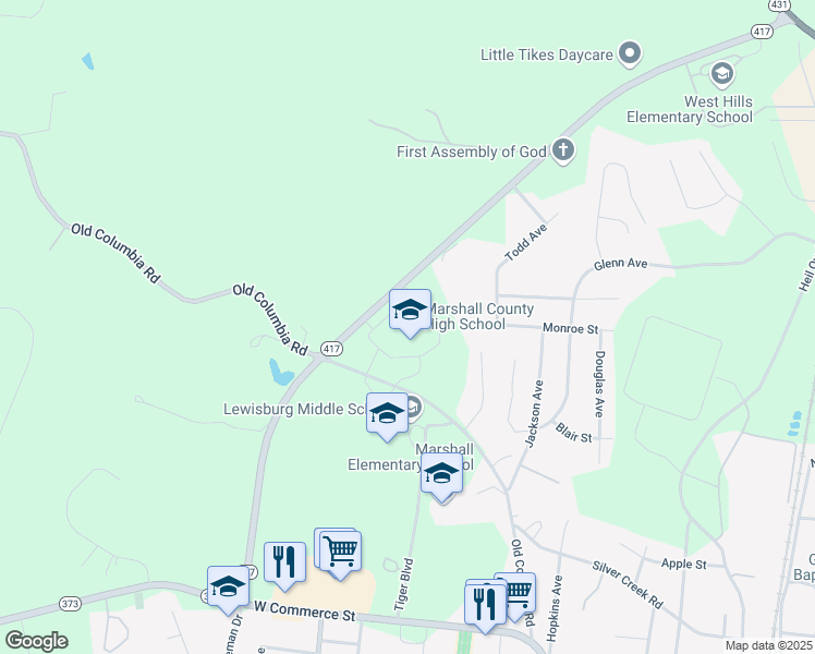 map of restaurants, bars, coffee shops, grocery stores, and more near 597 West Ellington Parkway in Lewisburg