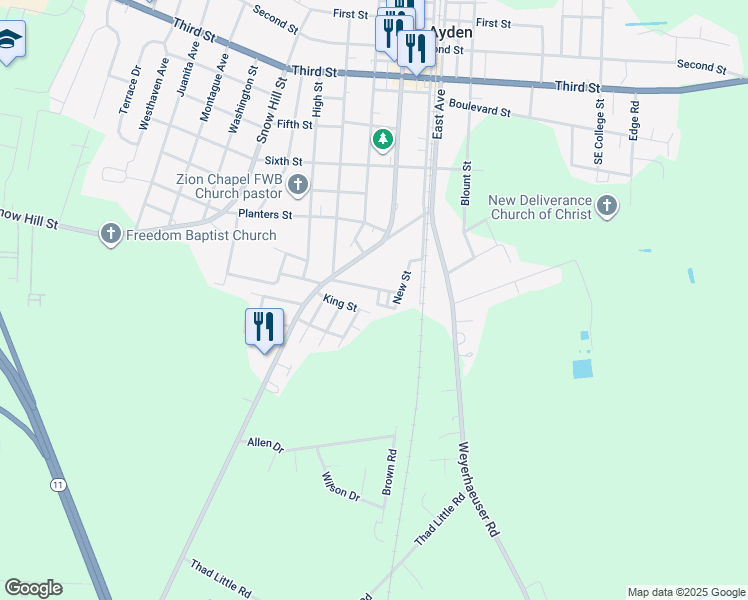 map of restaurants, bars, coffee shops, grocery stores, and more near 3586 Williams Street in Ayden