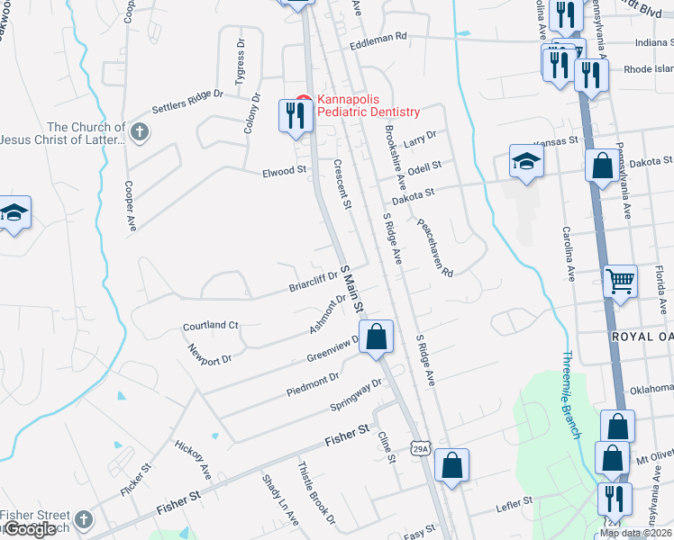 map of restaurants, bars, coffee shops, grocery stores, and more near 105 Briarcliff Drive in Kannapolis
