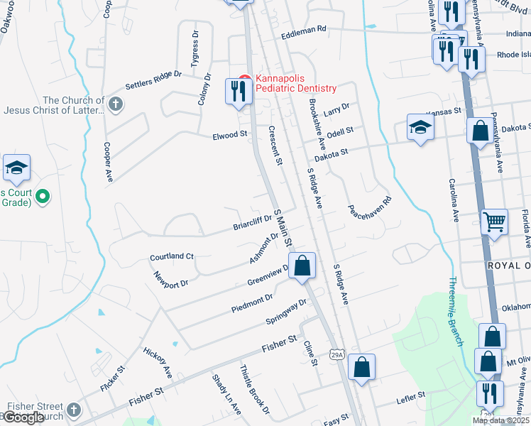 map of restaurants, bars, coffee shops, grocery stores, and more near 108 Briarcliff Drive in Kannapolis