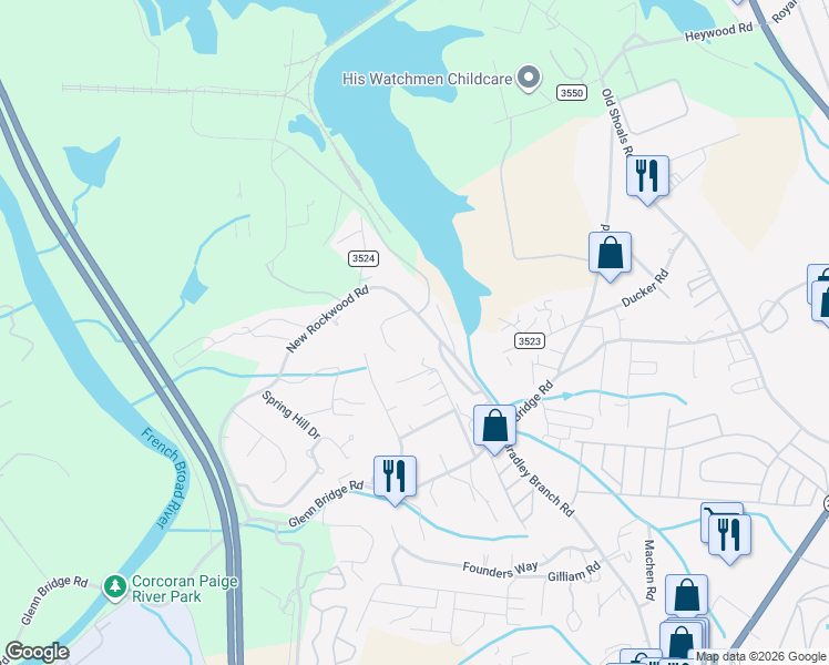 map of restaurants, bars, coffee shops, grocery stores, and more near 53 New Rockwood Road in Arden