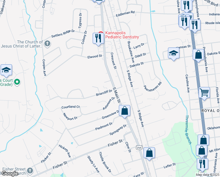 map of restaurants, bars, coffee shops, grocery stores, and more near 106 Briarcliff Drive in Kannapolis