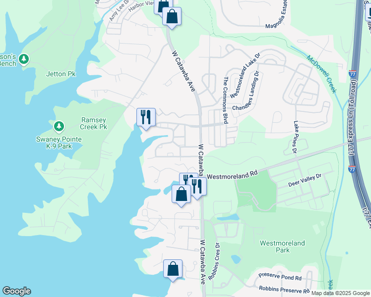 map of restaurants, bars, coffee shops, grocery stores, and more near 18740 Ramsey Cove Drive in Cornelius