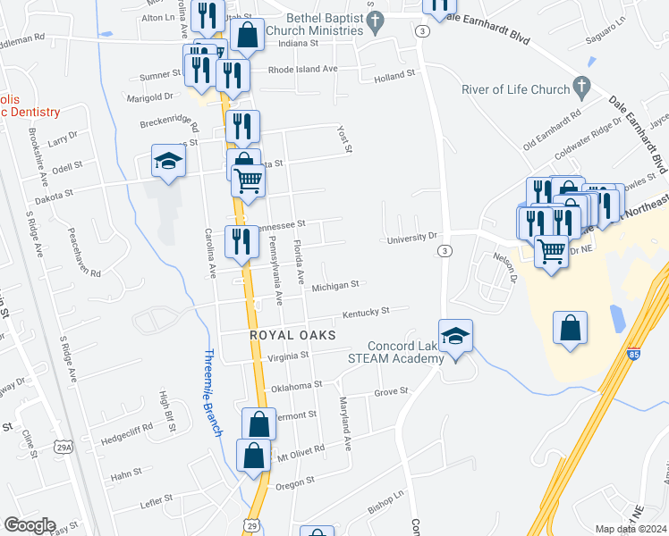 map of restaurants, bars, coffee shops, grocery stores, and more near 1007 Michigan Street in Kannapolis