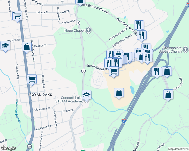 map of restaurants, bars, coffee shops, grocery stores, and more near 900 Graces Reserve Circle in Kannapolis