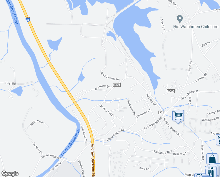 map of restaurants, bars, coffee shops, grocery stores, and more near 4 Aberdeen Drive in Arden