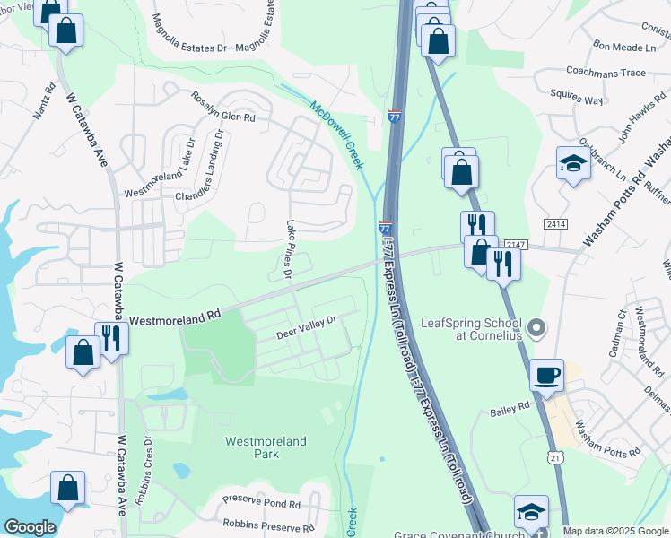 map of restaurants, bars, coffee shops, grocery stores, and more near 9019 Westmoreland Road in Cornelius
