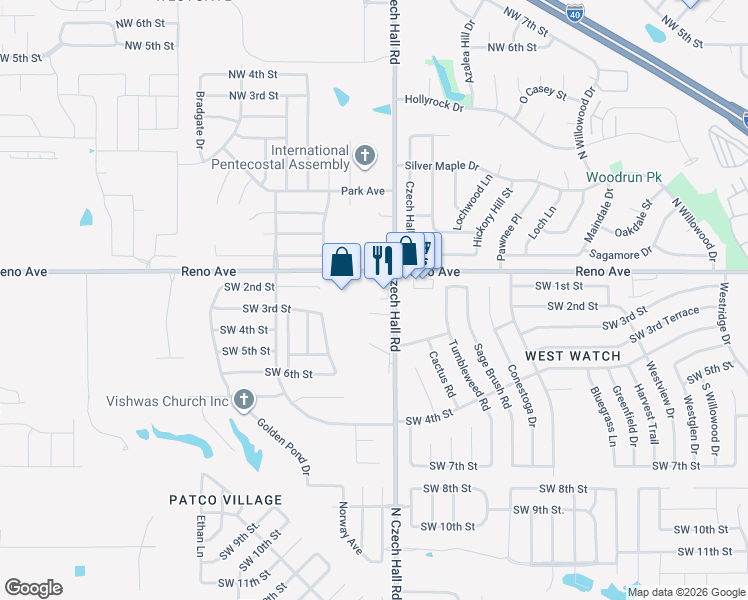 map of restaurants, bars, coffee shops, grocery stores, and more near 215 North Czech Hall Road in Yukon