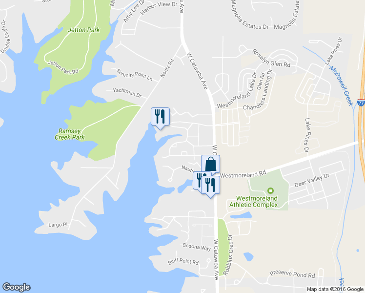 map of restaurants, bars, coffee shops, grocery stores, and more near 7915 Village Harbor Drive in Cornelius