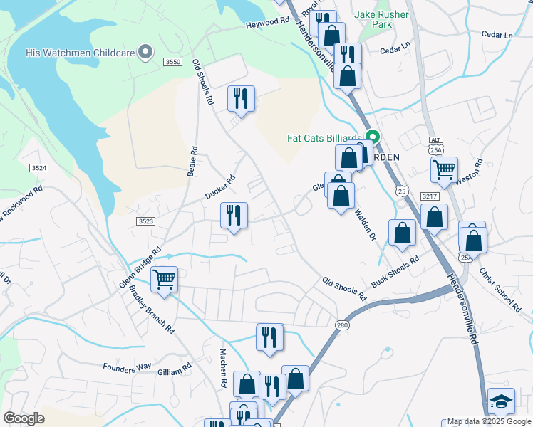 map of restaurants, bars, coffee shops, grocery stores, and more near 112 Glenn Bridge Road in Arden