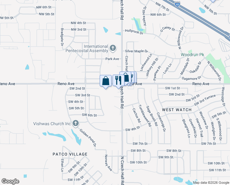 map of restaurants, bars, coffee shops, grocery stores, and more near 215 North Czech Hall Road in Yukon