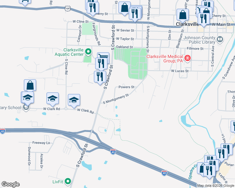 map of restaurants, bars, coffee shops, grocery stores, and more near 828 South Montgomery Street in Clarksville