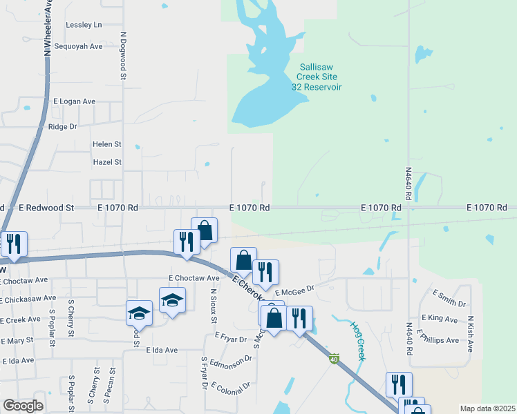 map of restaurants, bars, coffee shops, grocery stores, and more near East Redwood Avenue in Sallisaw
