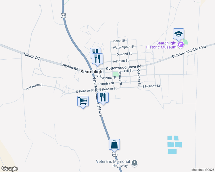 map of restaurants, bars, coffee shops, grocery stores, and more near 101 East Hobson Street in Searchlight