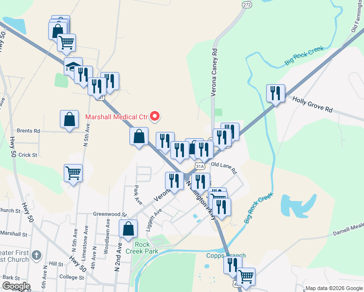 map of restaurants, bars, coffee shops, grocery stores, and more near 860 North Ellington Parkway in Lewisburg