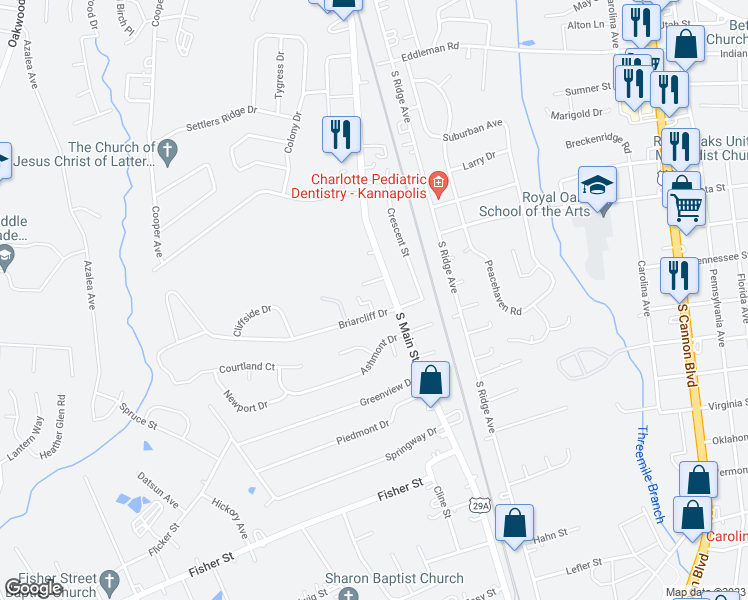 map of restaurants, bars, coffee shops, grocery stores, and more near 2139 Carriage Woods Lane in Kannapolis