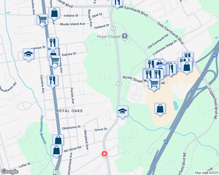 map of restaurants, bars, coffee shops, grocery stores, and more near 1810 Concord Lake Road in Kannapolis
