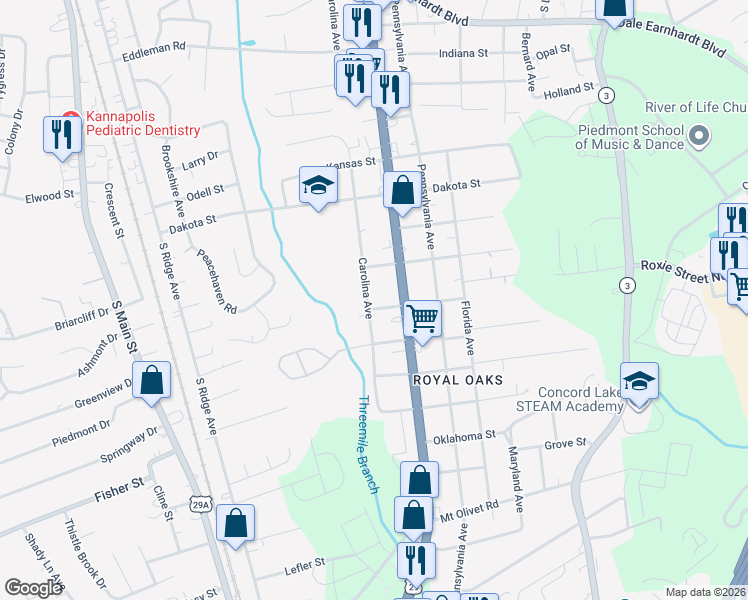 map of restaurants, bars, coffee shops, grocery stores, and more near 2300 South Cannon Boulevard in Kannapolis