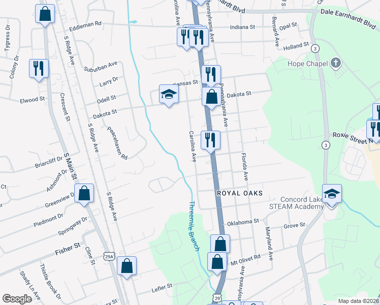 map of restaurants, bars, coffee shops, grocery stores, and more near 2300 Carolina Avenue in Kannapolis