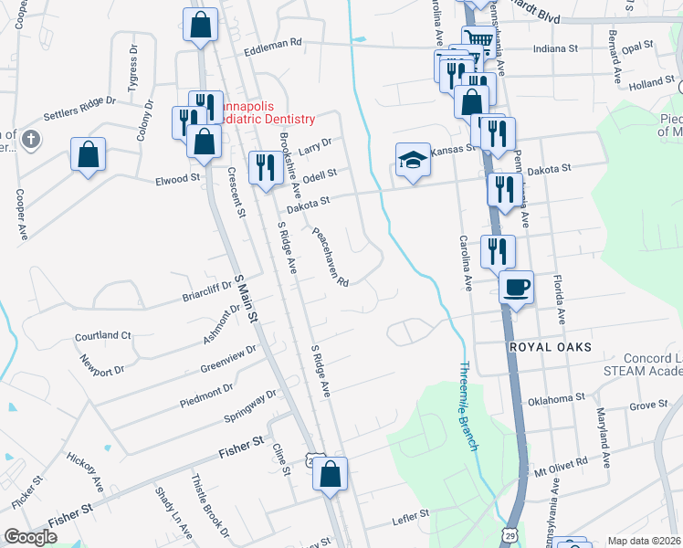 map of restaurants, bars, coffee shops, grocery stores, and more near 629 Peacehaven Road in Kannapolis