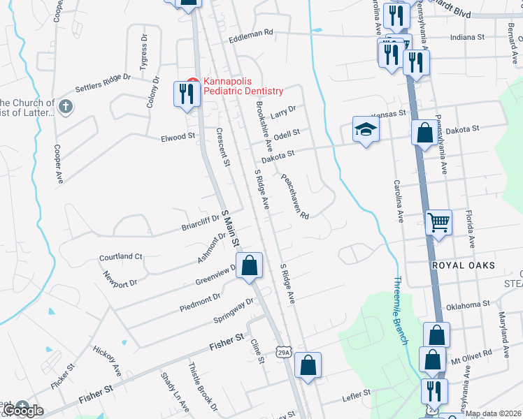 map of restaurants, bars, coffee shops, grocery stores, and more near 2200 South Ridge Avenue in Kannapolis