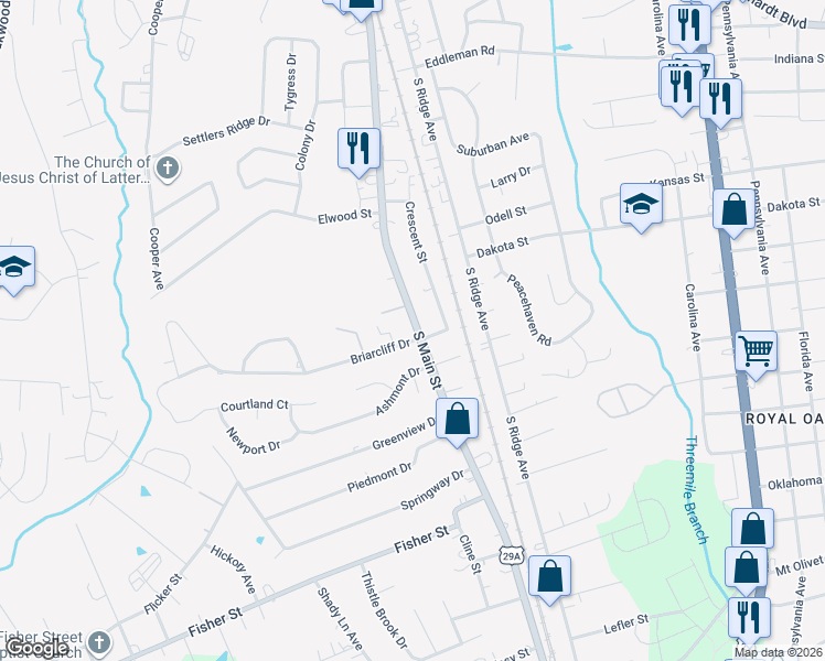 map of restaurants, bars, coffee shops, grocery stores, and more near 105 Briarcliff Drive in Kannapolis