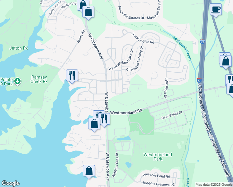 map of restaurants, bars, coffee shops, grocery stores, and more near 8200 Viewpoint Lane in Cornelius