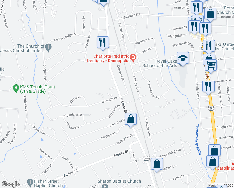 map of restaurants, bars, coffee shops, grocery stores, and more near 2132 South Main Street in Kannapolis