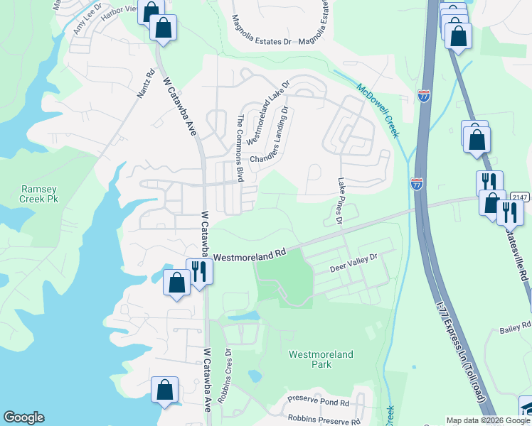 map of restaurants, bars, coffee shops, grocery stores, and more near 8403-8477 Westmoreland Road in Cornelius