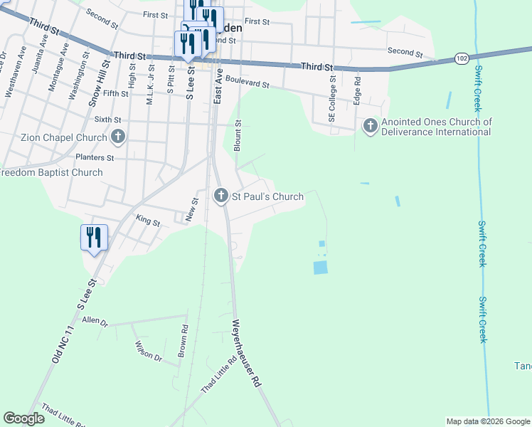map of restaurants, bars, coffee shops, grocery stores, and more near 4507 S Edge Rd in Ayden