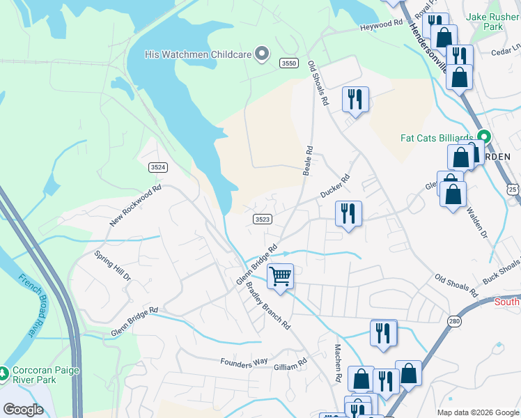 map of restaurants, bars, coffee shops, grocery stores, and more near 83 State Road 3523 in Arden