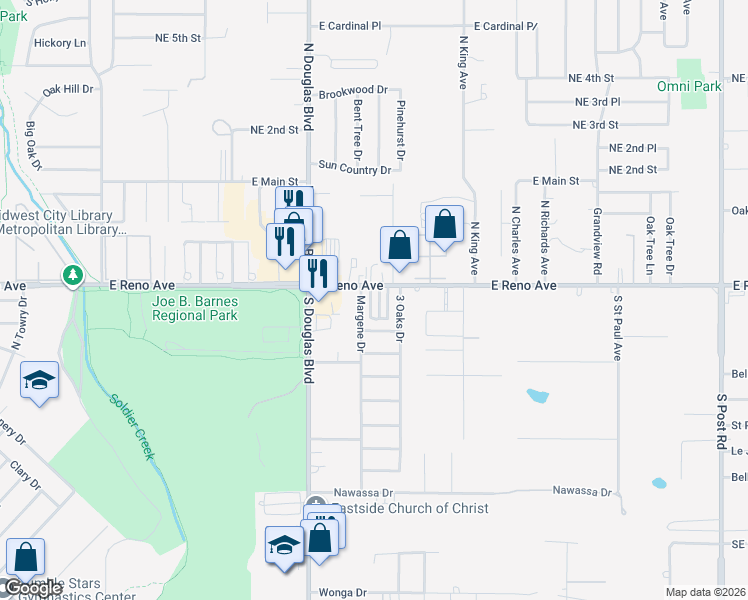 map of restaurants, bars, coffee shops, grocery stores, and more near 207 Village Oaks Drive in Midwest City