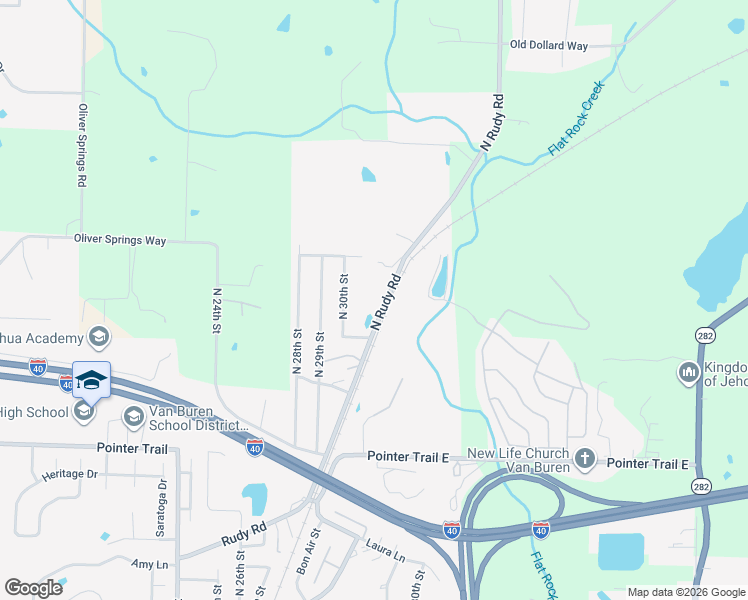 map of restaurants, bars, coffee shops, grocery stores, and more near 1907 North Rudy Road in Van Buren