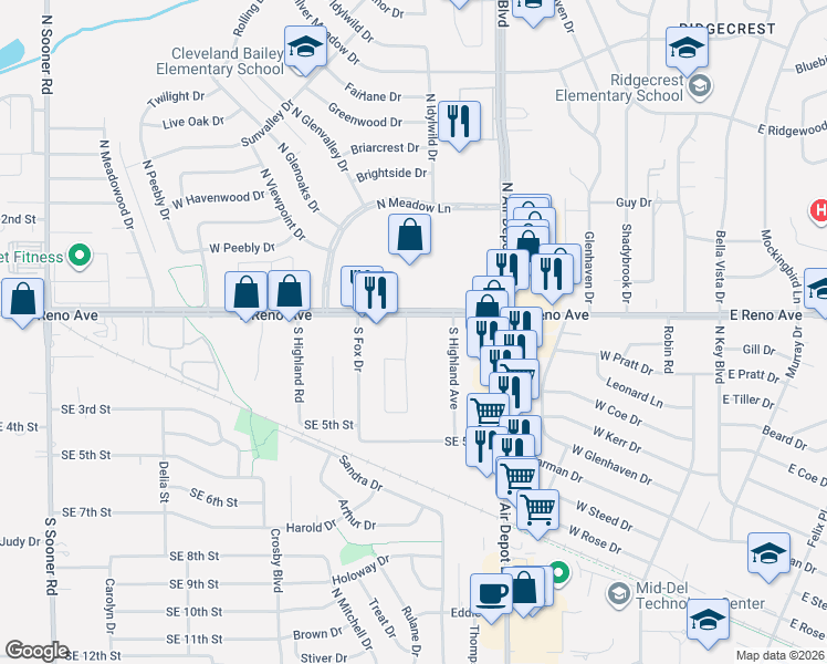 map of restaurants, bars, coffee shops, grocery stores, and more near 212 South Bell Drive in Midwest City